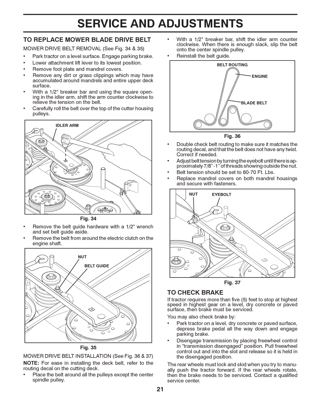 Husqvarna GTH27V52LS owner manual To Replace Mower Blade Drive Belt, To Check Brake 