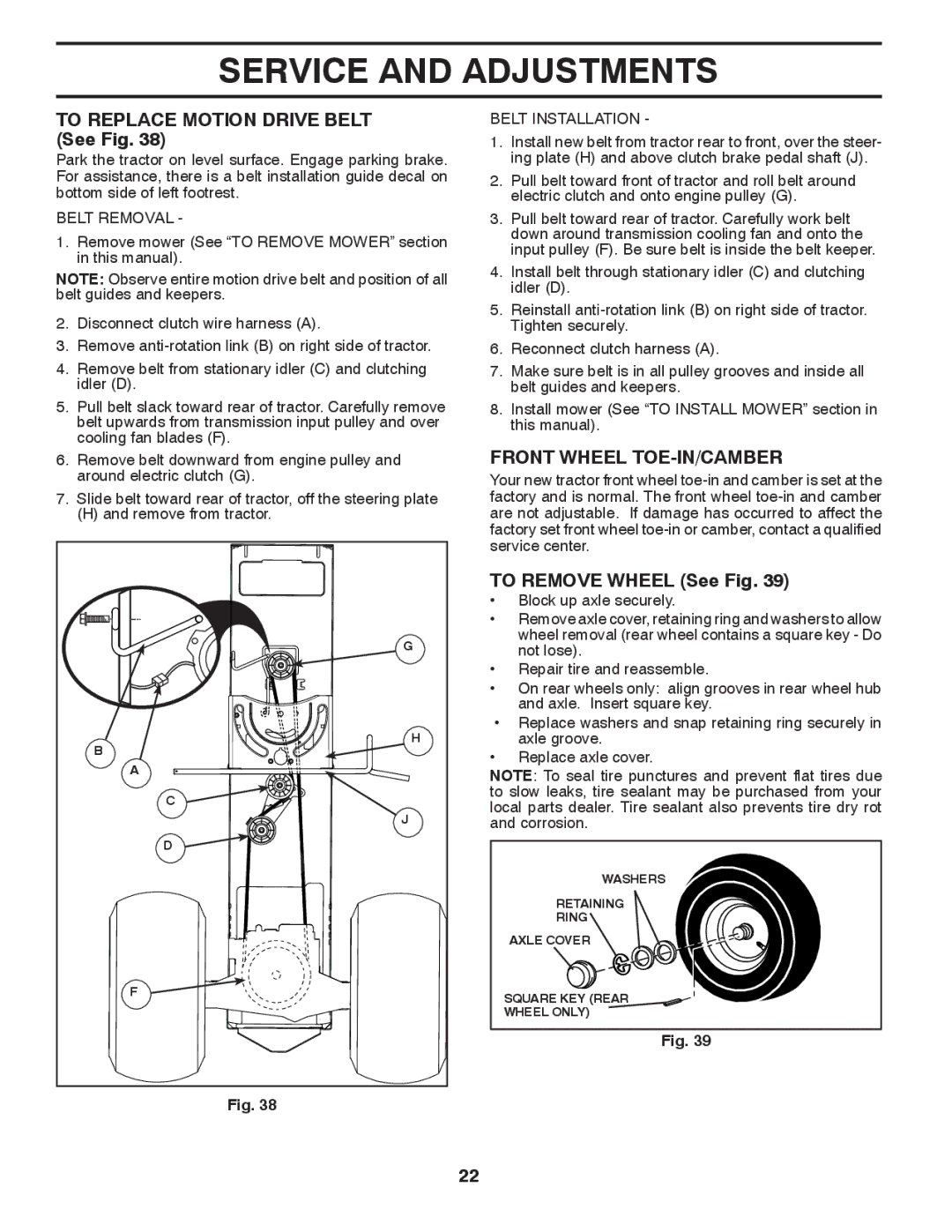 Husqvarna GTH27V52LS owner manual To Replace Motion Drive Belt See Fig, Front Wheel TOE-IN/CAMBER, To Remove Wheel See Fig 