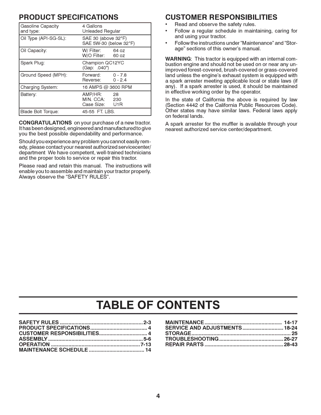 Husqvarna GTH27V52LS owner manual Table of Contents 