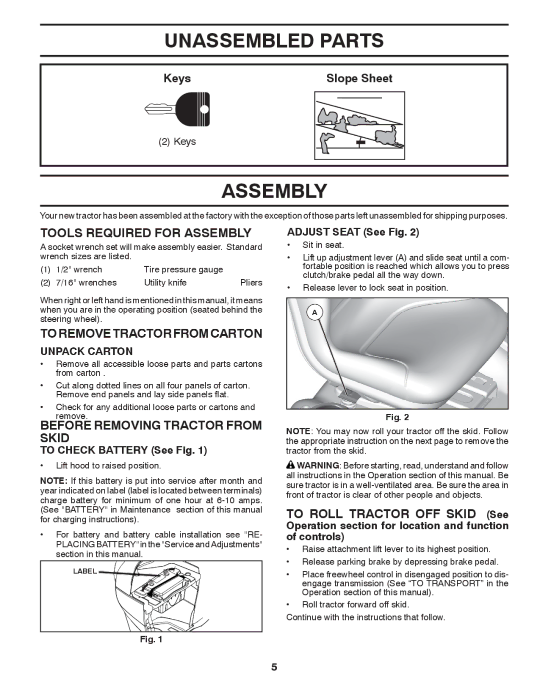 Husqvarna GTH27V52LS owner manual Unassembled Parts, Tools Required for Assembly, Toremovetractorfromcarton 