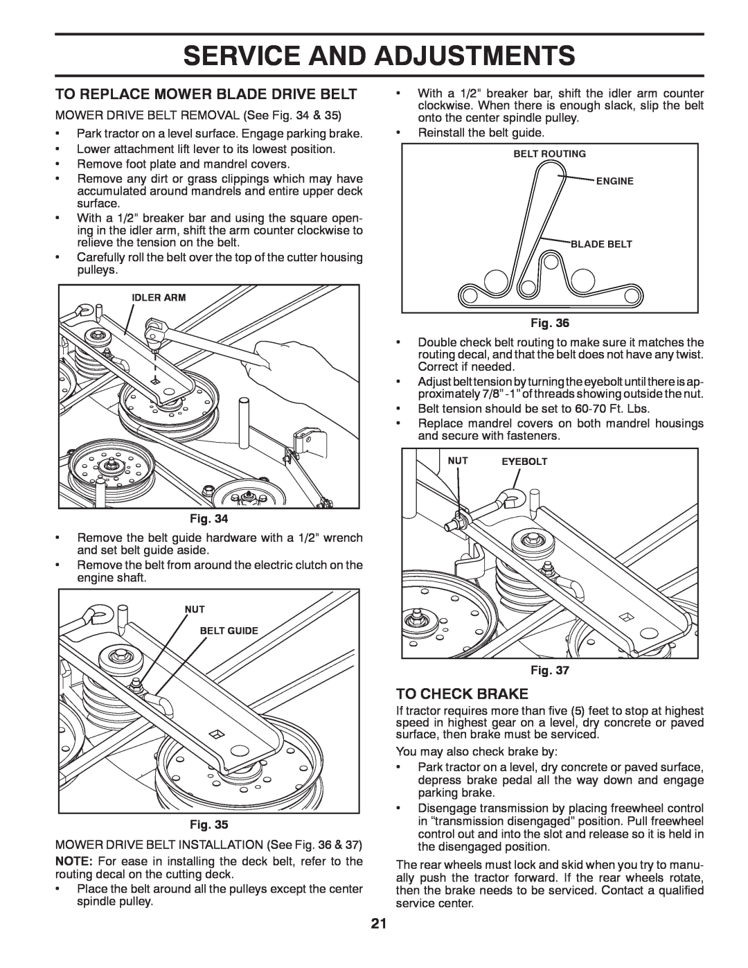Husqvarna GTH27V52LS owner manual To Replace Mower Blade Drive Belt, To Check Brake, Service And Adjustments 