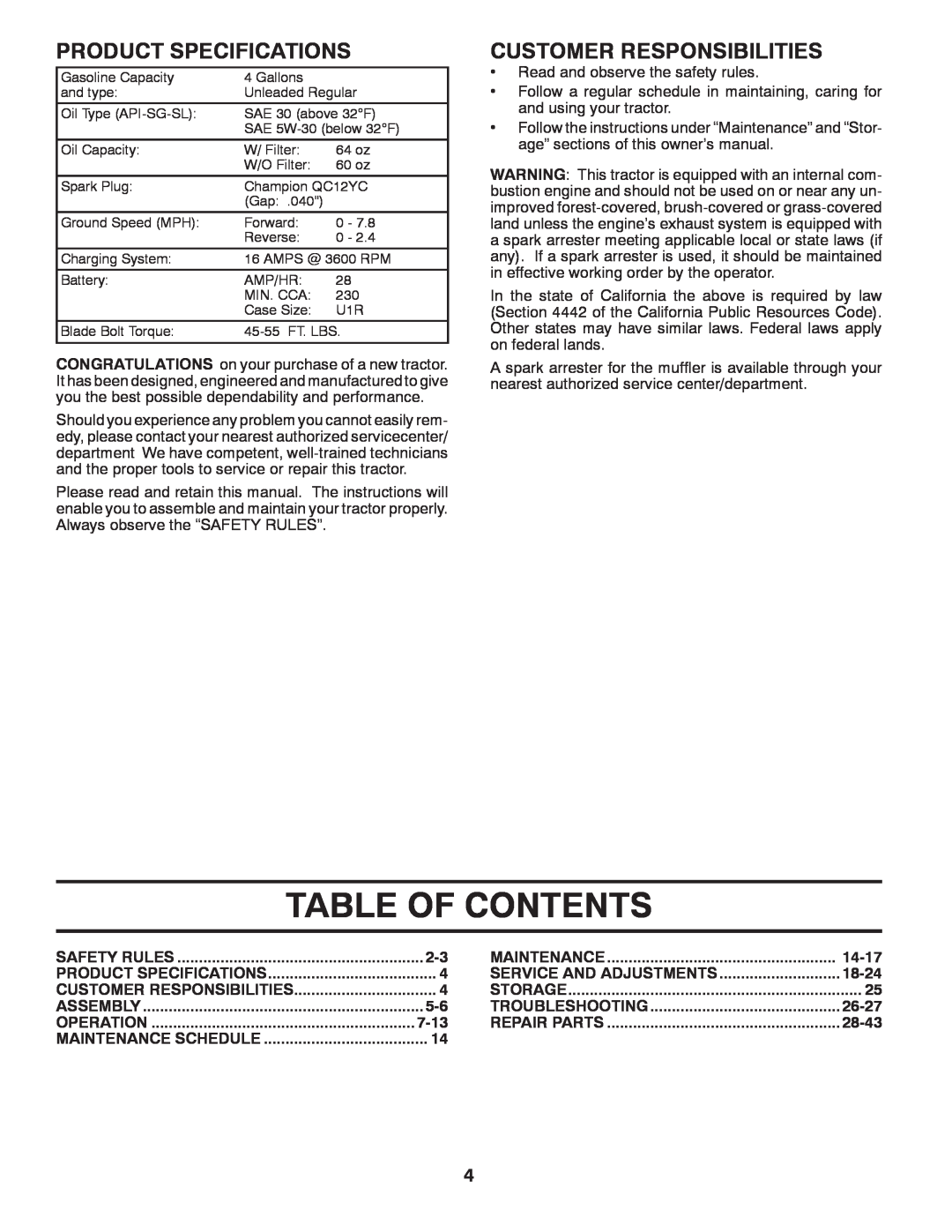 Husqvarna GTH27V52LS owner manual Table Of Contents, Product Specifications, Customer Responsibilities 