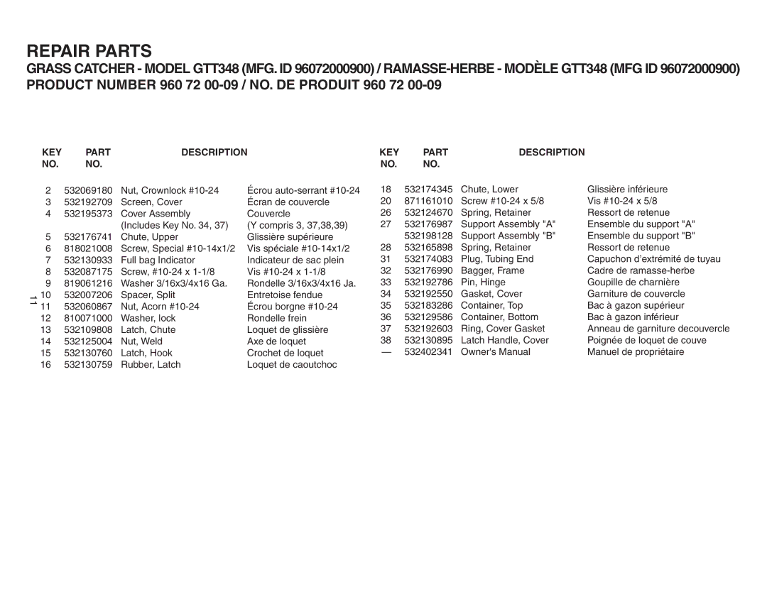 Husqvarna GTT348 owner manual Repair Parts, KEY Part Description 