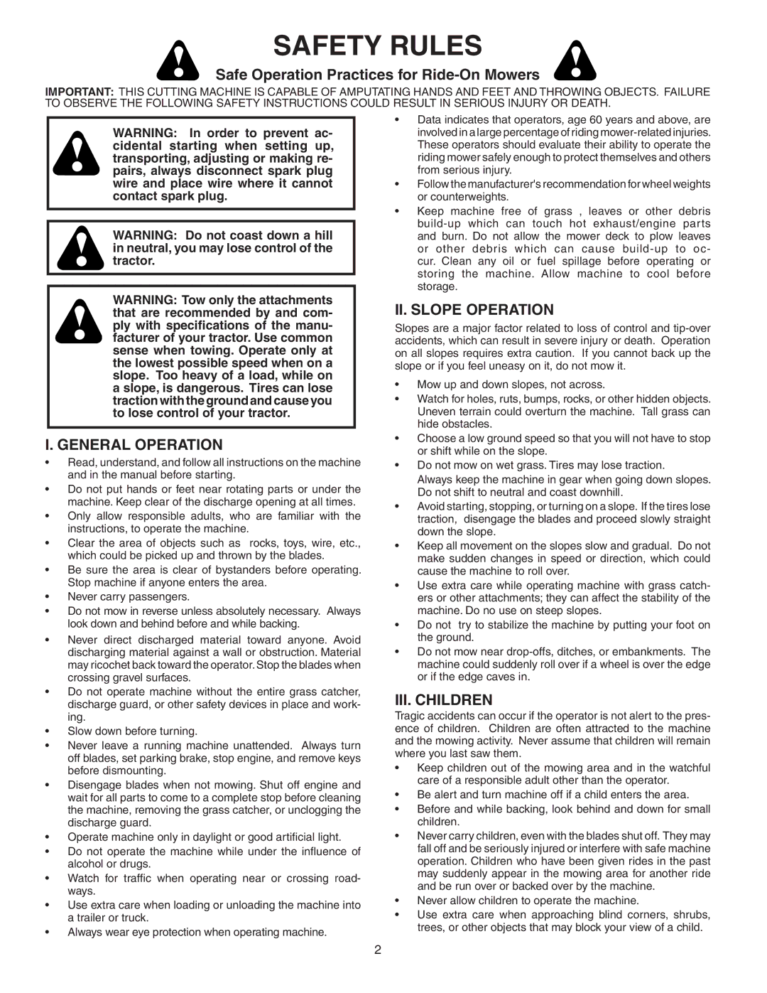 Husqvarna GTT348 Safe Operation Practices for Ride-On Mowers, General Operation, II. Slope Operation, III. Children 