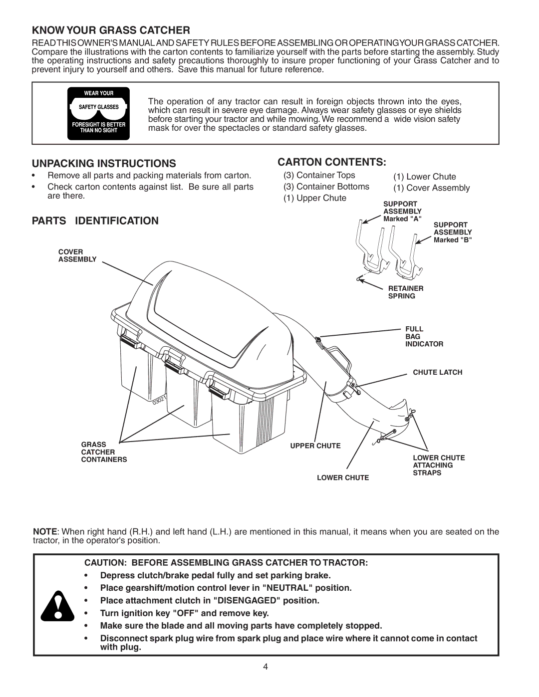 Husqvarna GTT348 owner manual Know Your Grass Catcher, Unpacking Instructions, Parts Identification, Carton Contents 