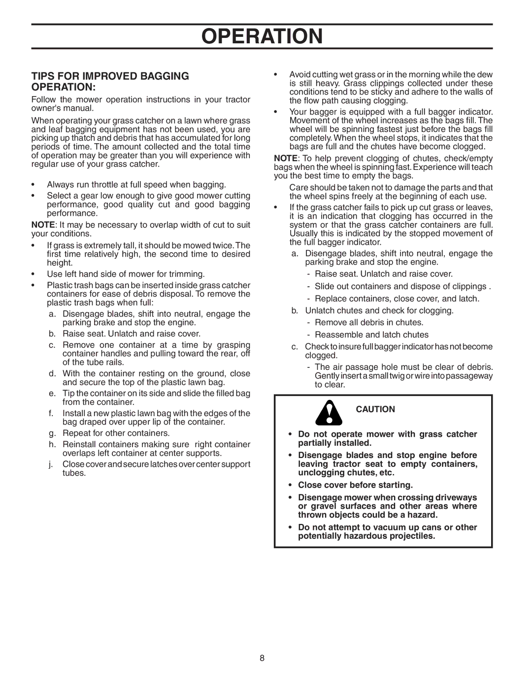 Husqvarna GTT348 owner manual Tips for Improved Bagging Operation 