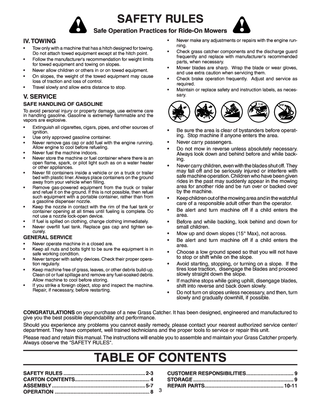 Husqvarna GTT348 Table Of Contents, Iv. Towing, V. Service, Safety Rules, Safe Operation Practices for Ride-On Mowers 