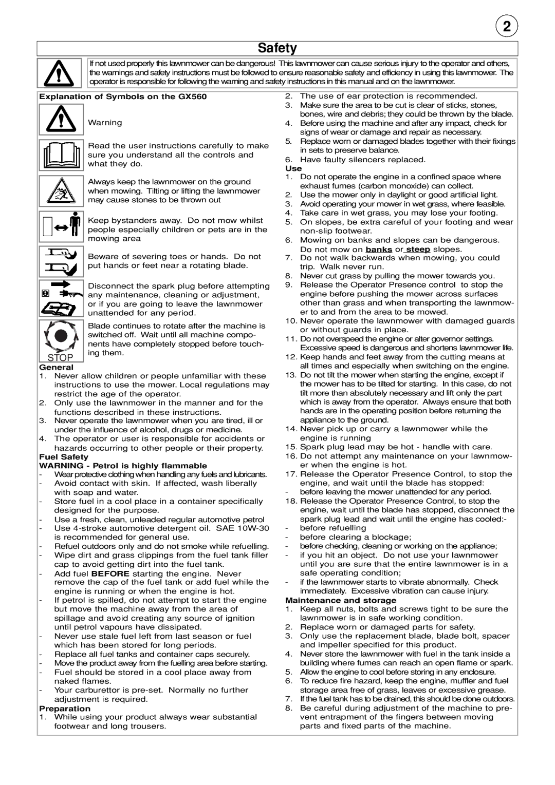 Husqvarna manual Explanation of Symbols on the GX560, Use, General, Fuel Safety, Preparation, Maintenance and storage 