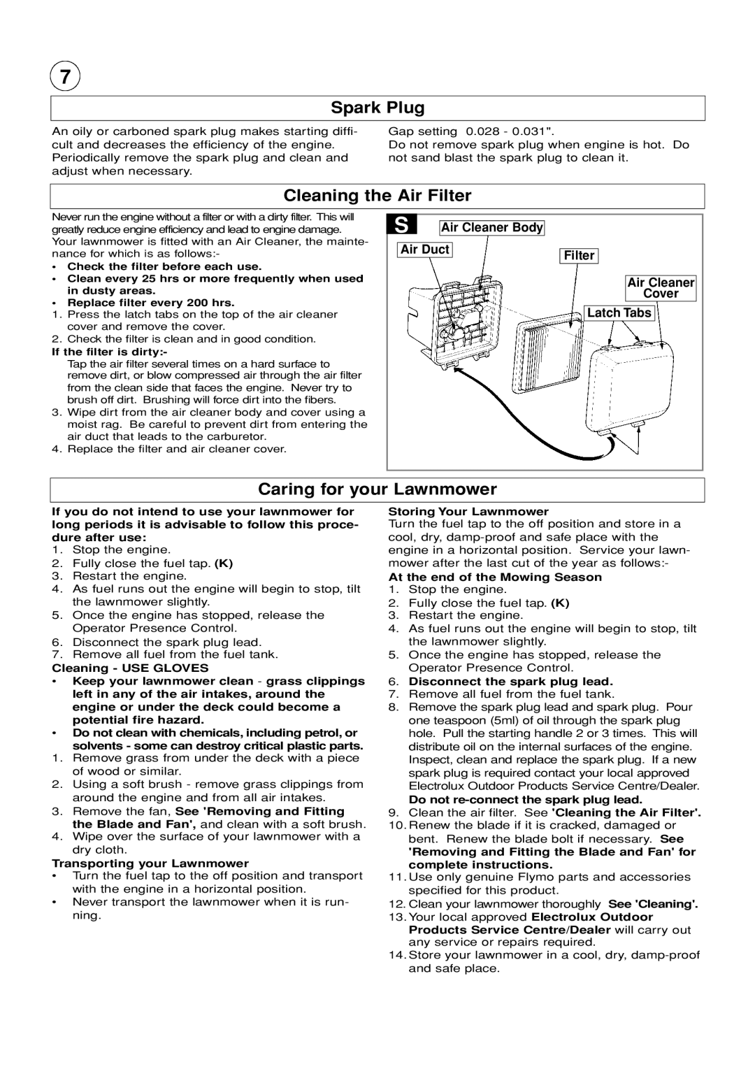 Husqvarna GX560 manual Spark Plug, Cleaning the Air Filter, Caring for your Lawnmower 