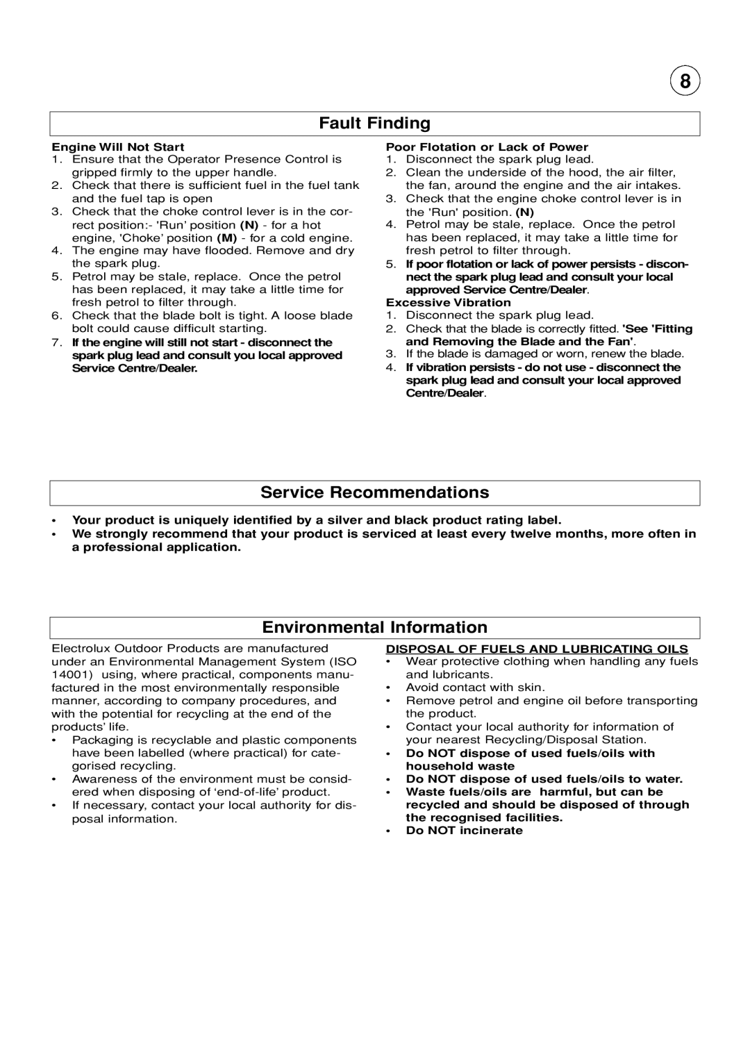 Husqvarna GX560 manual Fault Finding, Service Recommendations, Environmental Information, Engine Will Not Start 