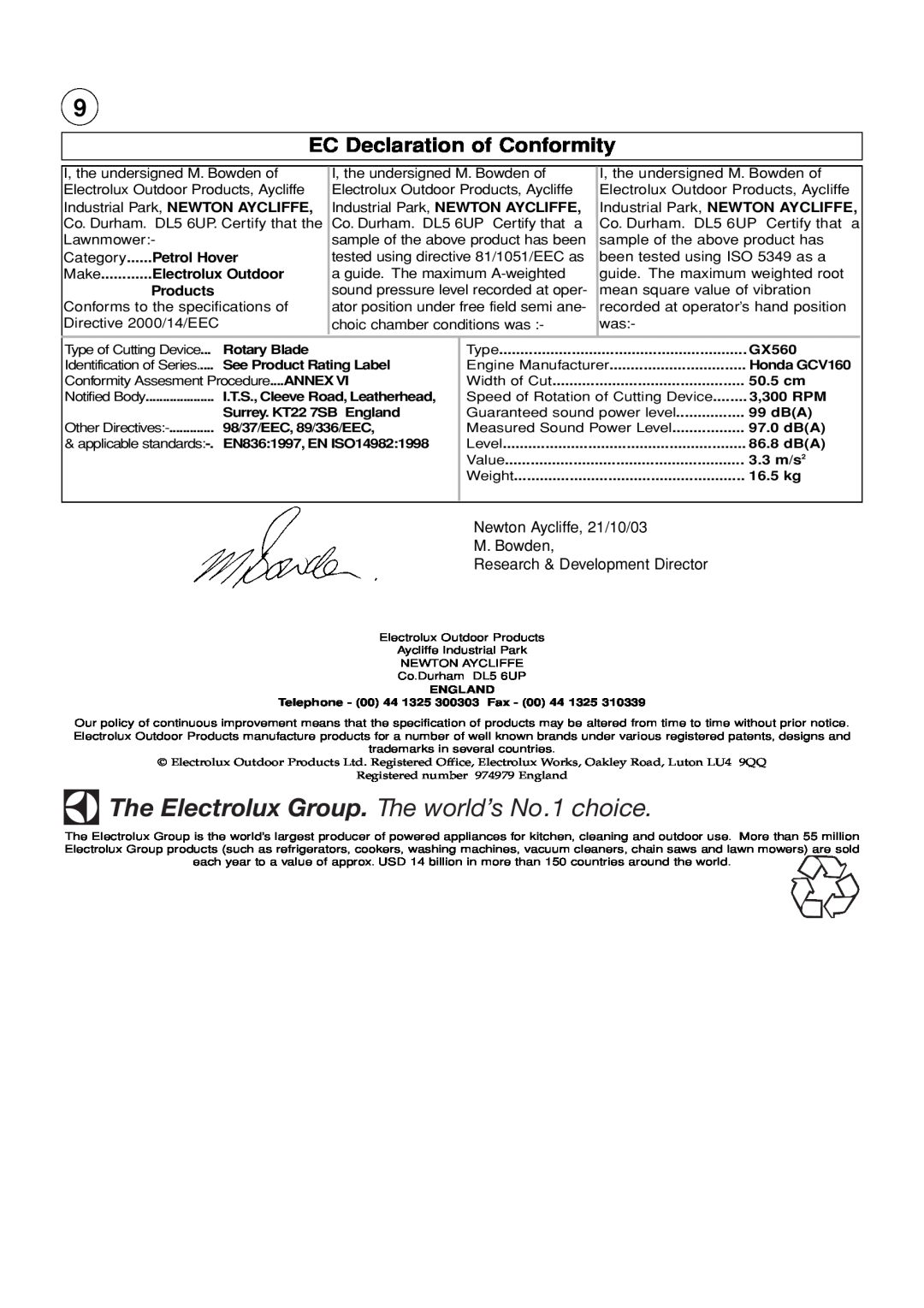 Husqvarna GX560 manual The Electrolux Group. The world’s No.1 choice, EC Declaration of Conformity 