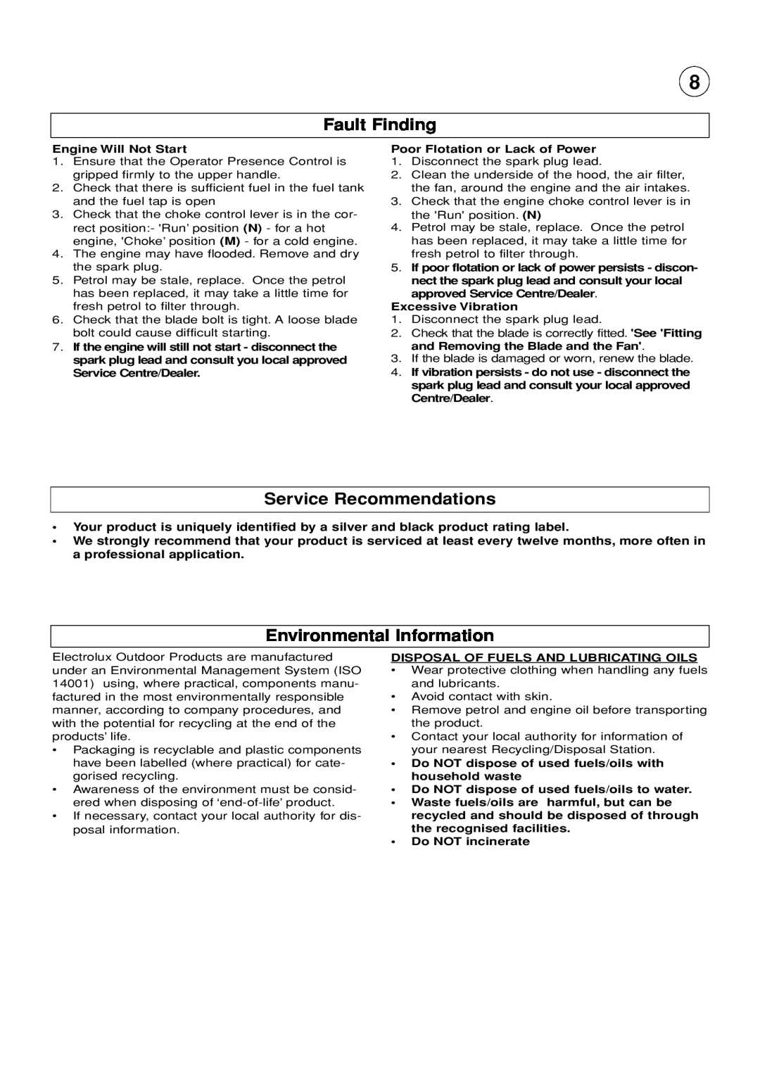 Husqvarna GX560 manual Fault Finding, Service Recommendations, Environmental Information 