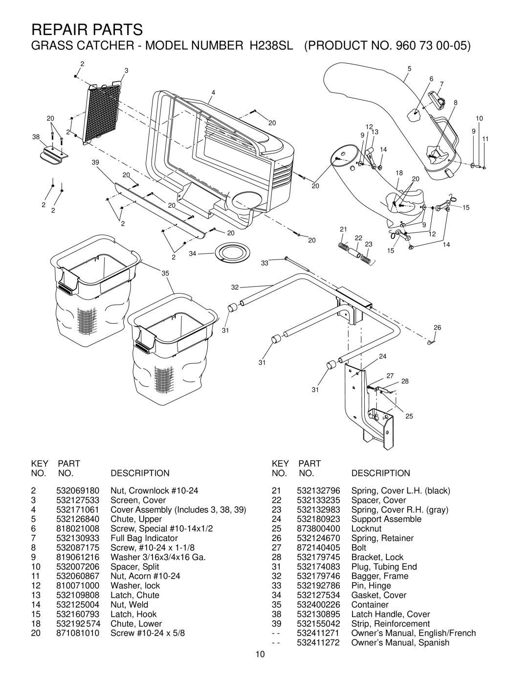 Husqvarna H238SL owner manual Repair Parts, KEY Part Description 