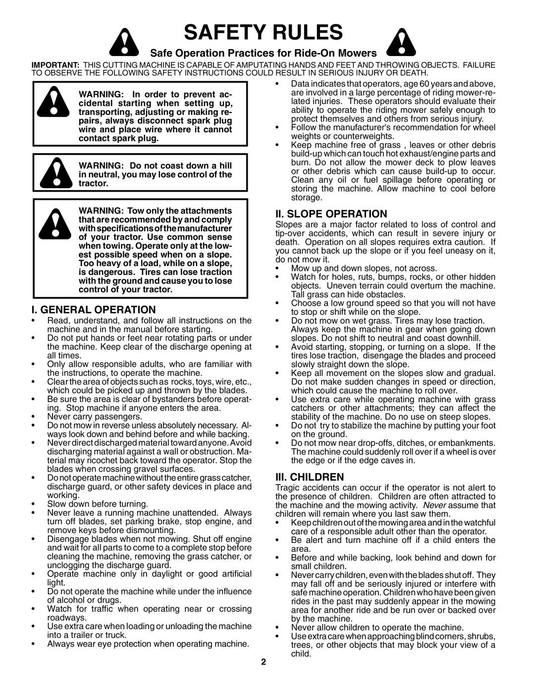 Husqvarna H238SL Safety Rules, Safe Operation Practices for Ride-On Mowers, General Operation, II. Slope Operation 