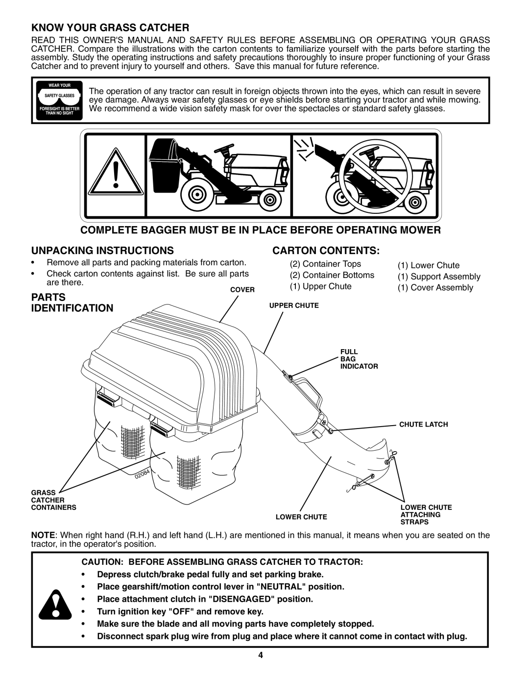 Husqvarna H238SL owner manual Know Your Grass Catcher, Parts Identification Carton Contents 