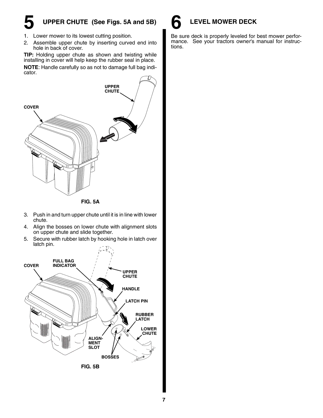 Husqvarna H238SL owner manual Upper Chute See Figs a and 5B, Level Mower Deck 