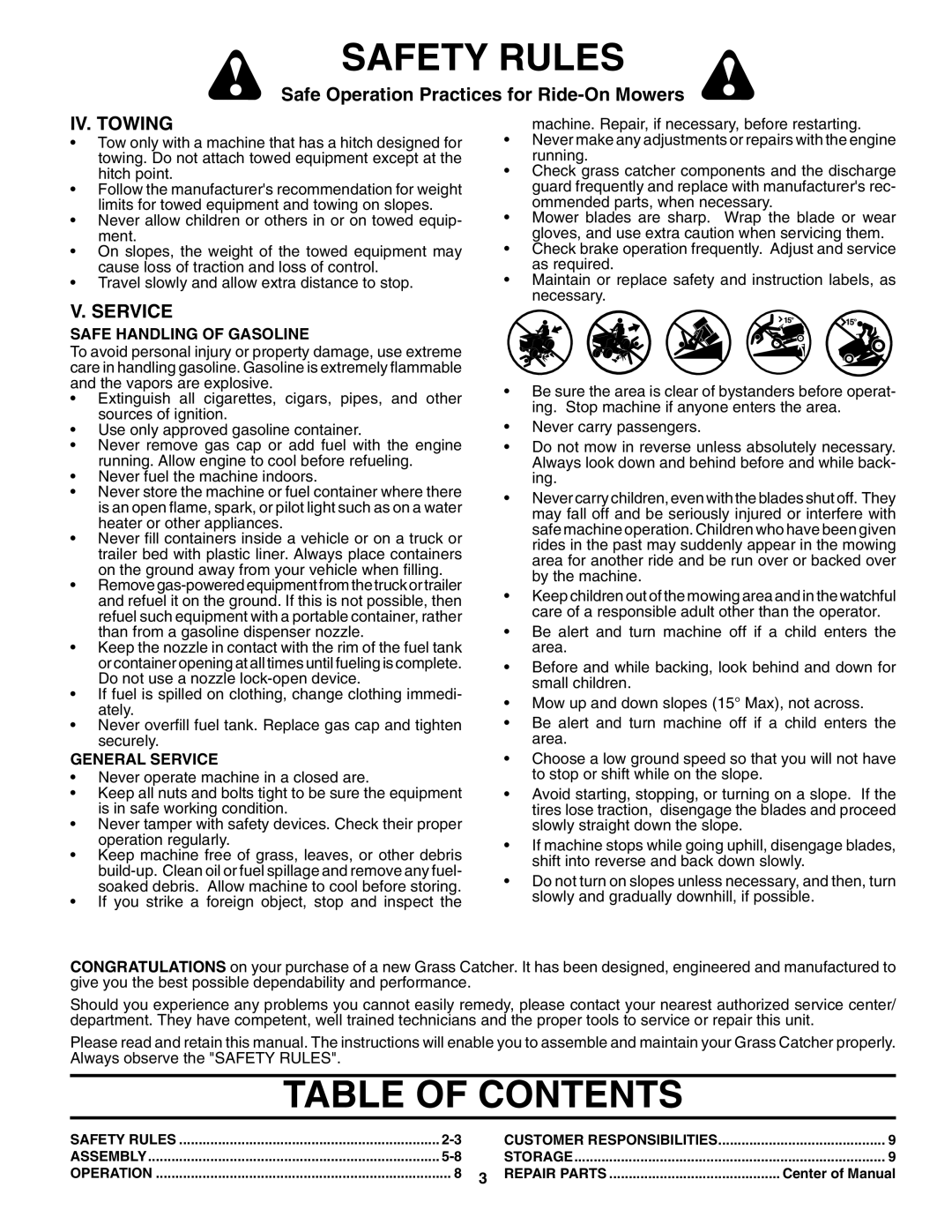 Husqvarna H238SL Table Of Contents, Iv. Towing, V. Service, Safety Rules, Safe Operation Practices for Ride-OnMowers 