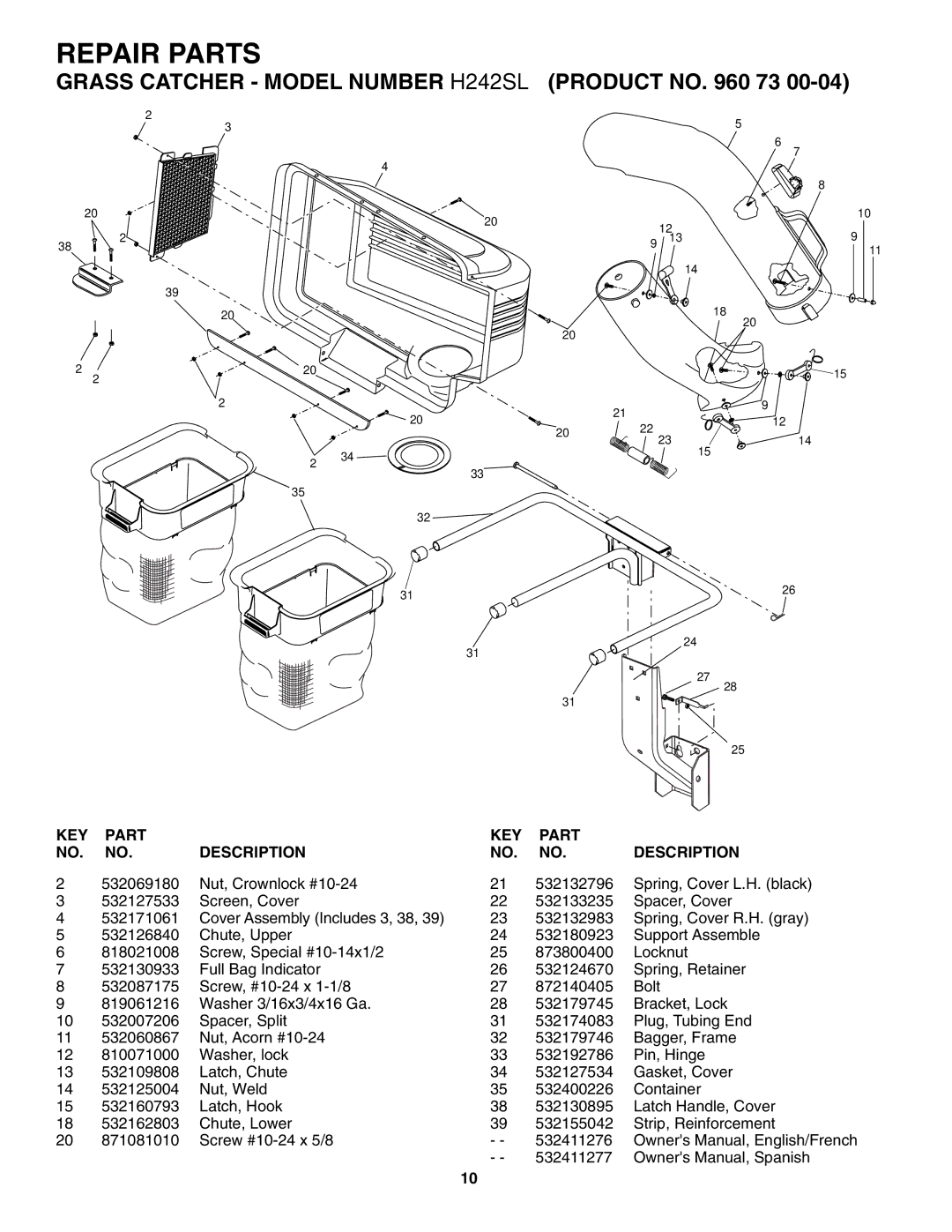 Husqvarna H242SL owner manual Repair Parts, KEY Part Description 