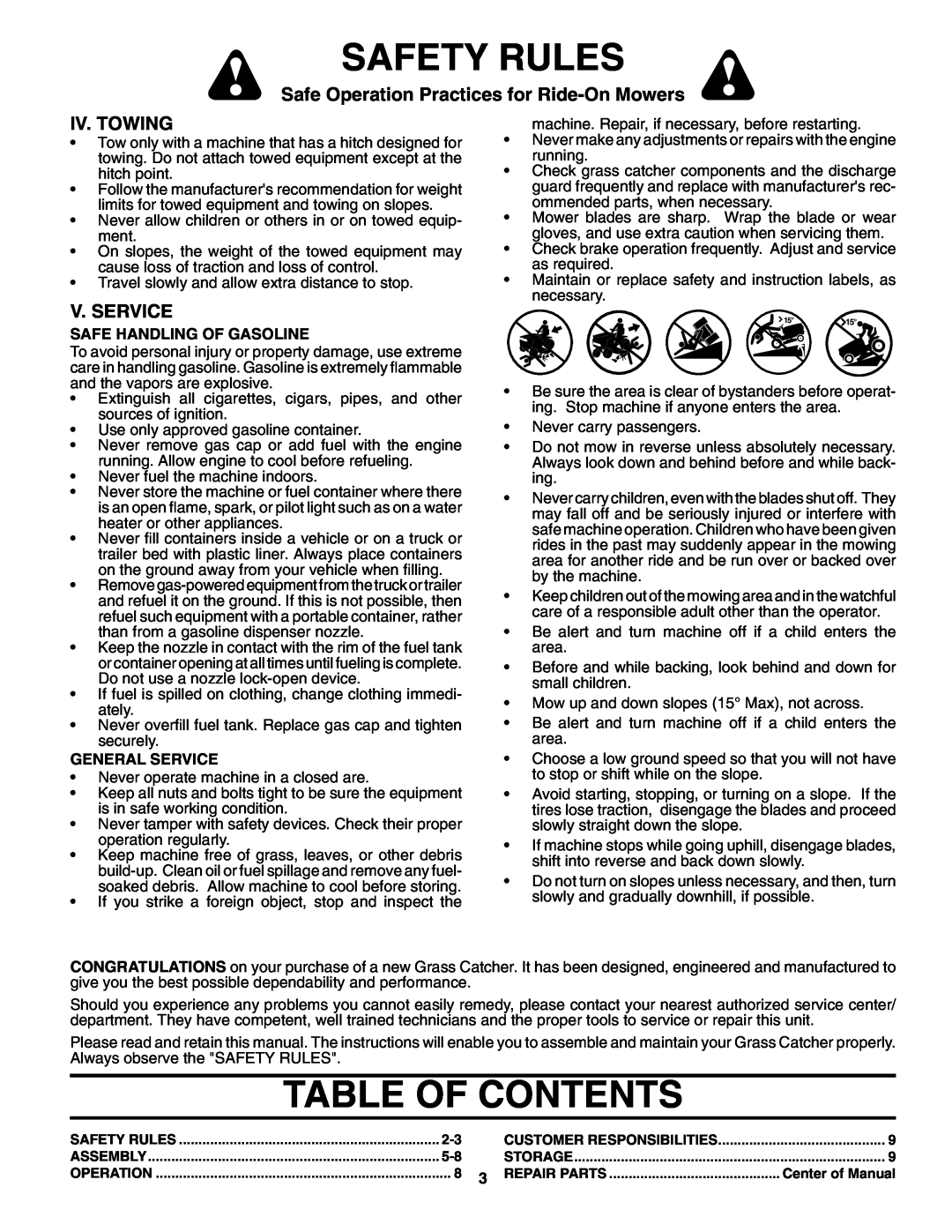 Husqvarna H242SL Table Of Contents, Iv. Towing, V. Service, Safety Rules, Safe Operation Practices for Ride-OnMowers 