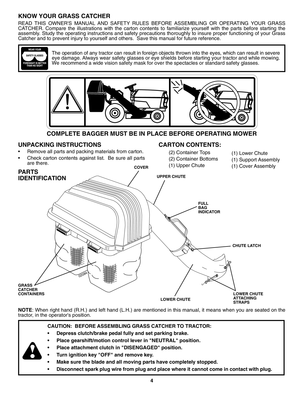 Husqvarna H246SL owner manual Know Your Grass Catcher, Parts Identification Carton Contents 