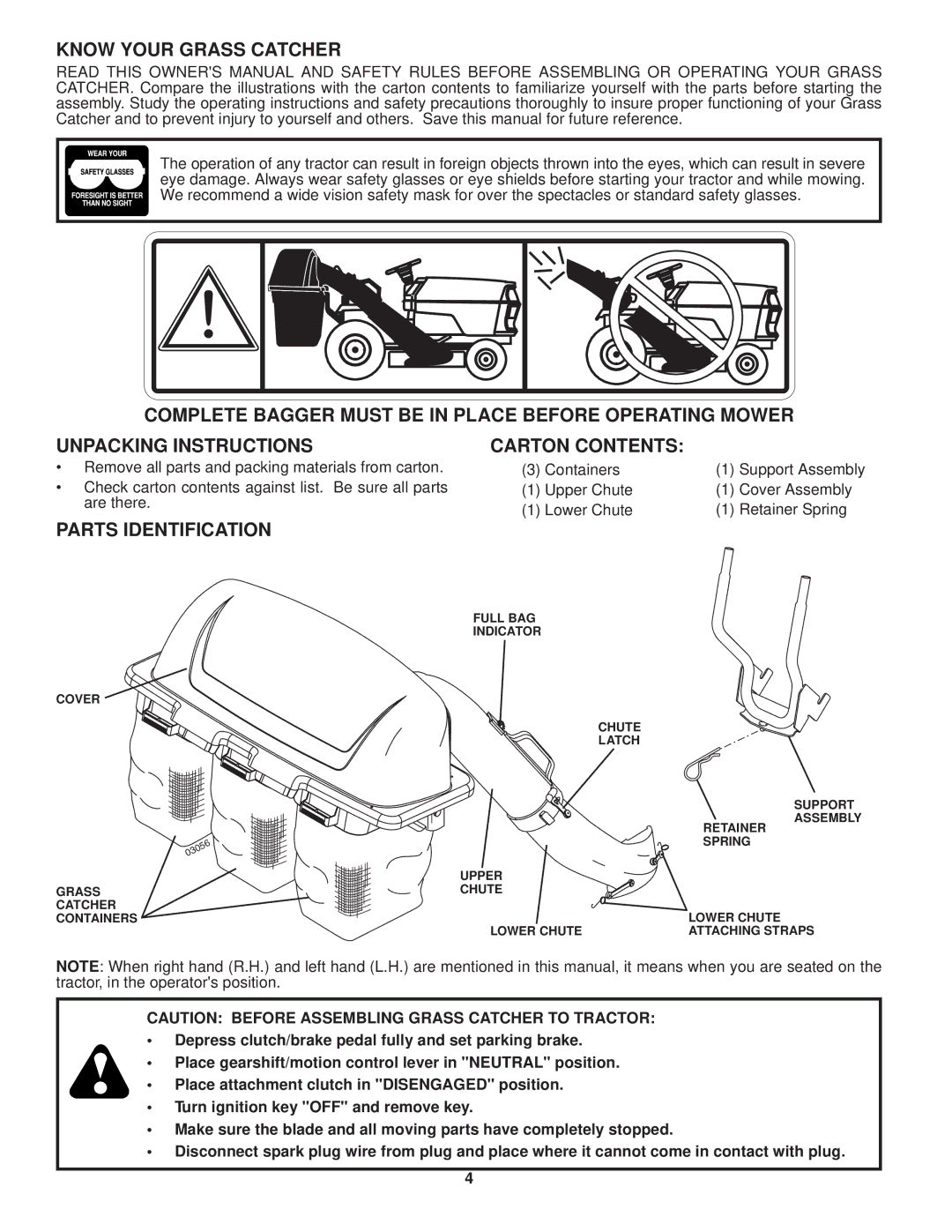 Husqvarna H342SG owner manual Know Your Grass Catcher, Parts Identification Carton Contents 