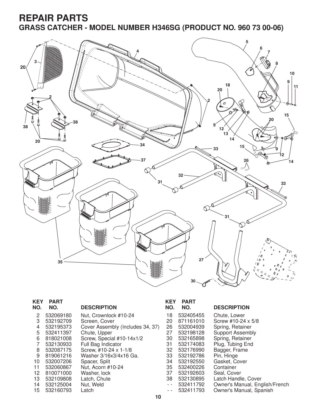 Husqvarna H346SG owner manual Repair Parts, KEY Part Description 