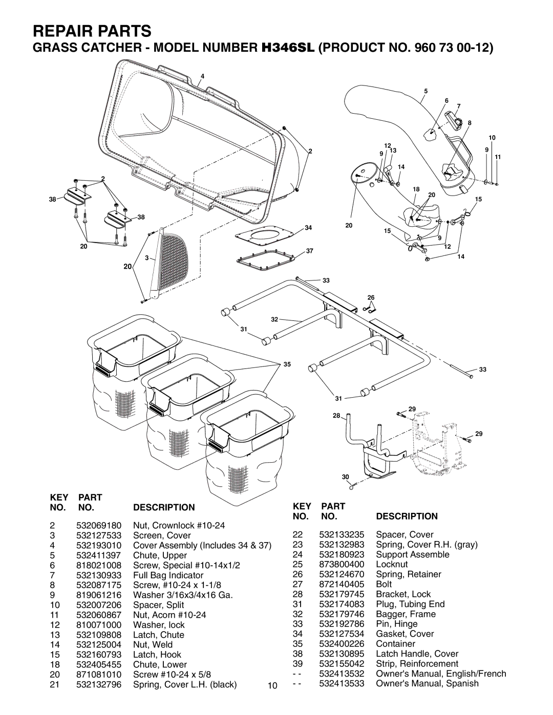 Husqvarna H346SL owner manual Repair Parts 