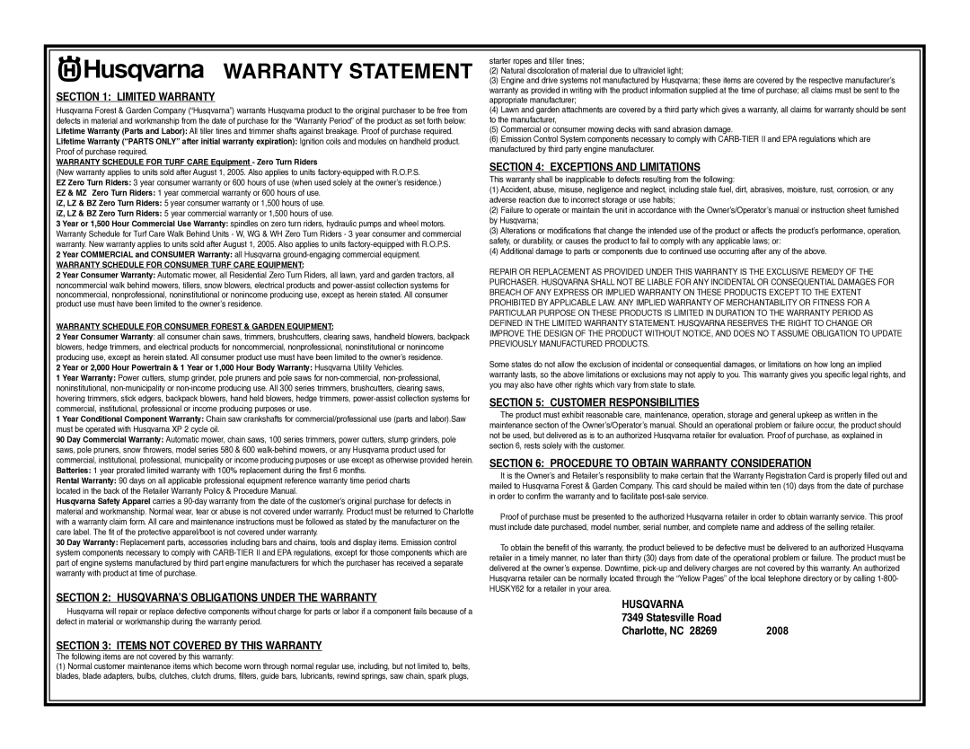 Husqvarna H346SL owner manual Warranty Statement 