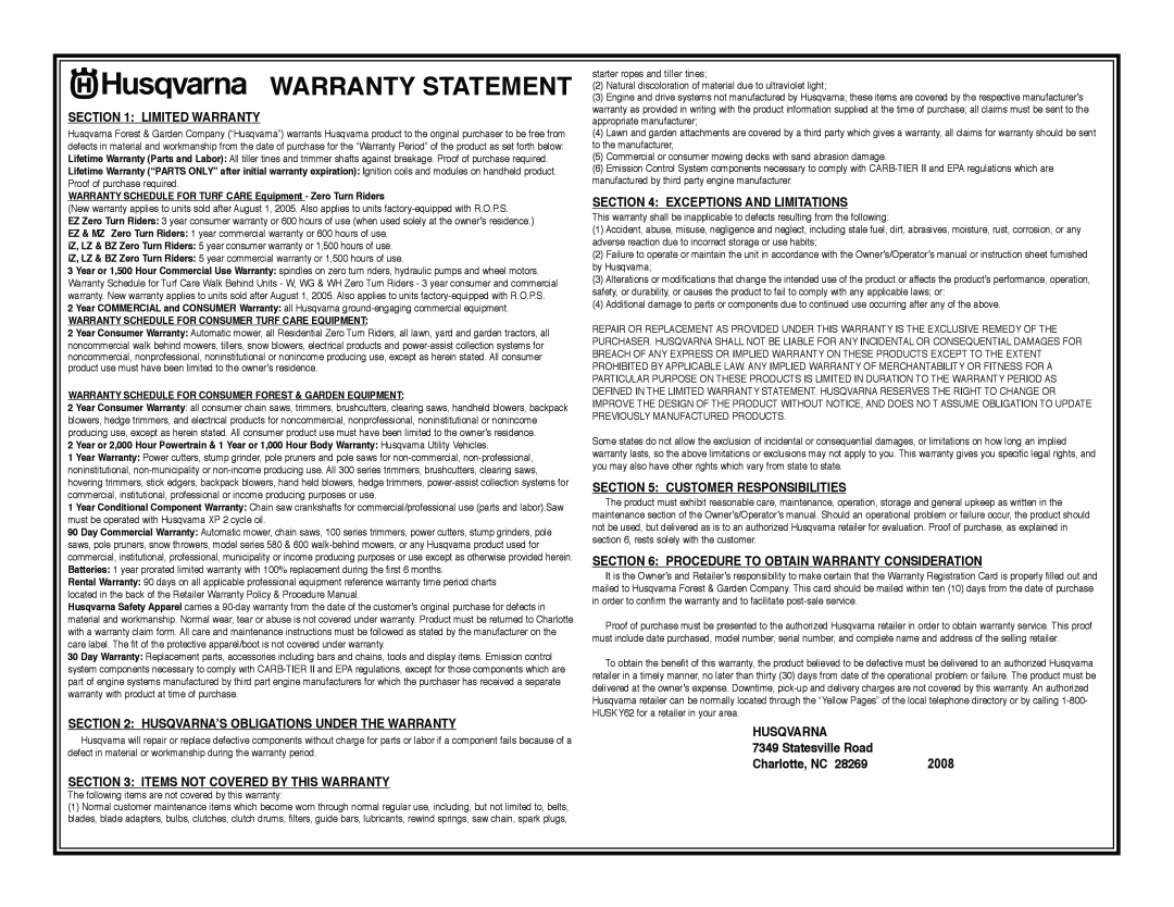 Husqvarna H346SL Warranty Statement, Limited Warranty, Husqvarna’S Obligations Under The Warranty, Statesville Road, 28269 