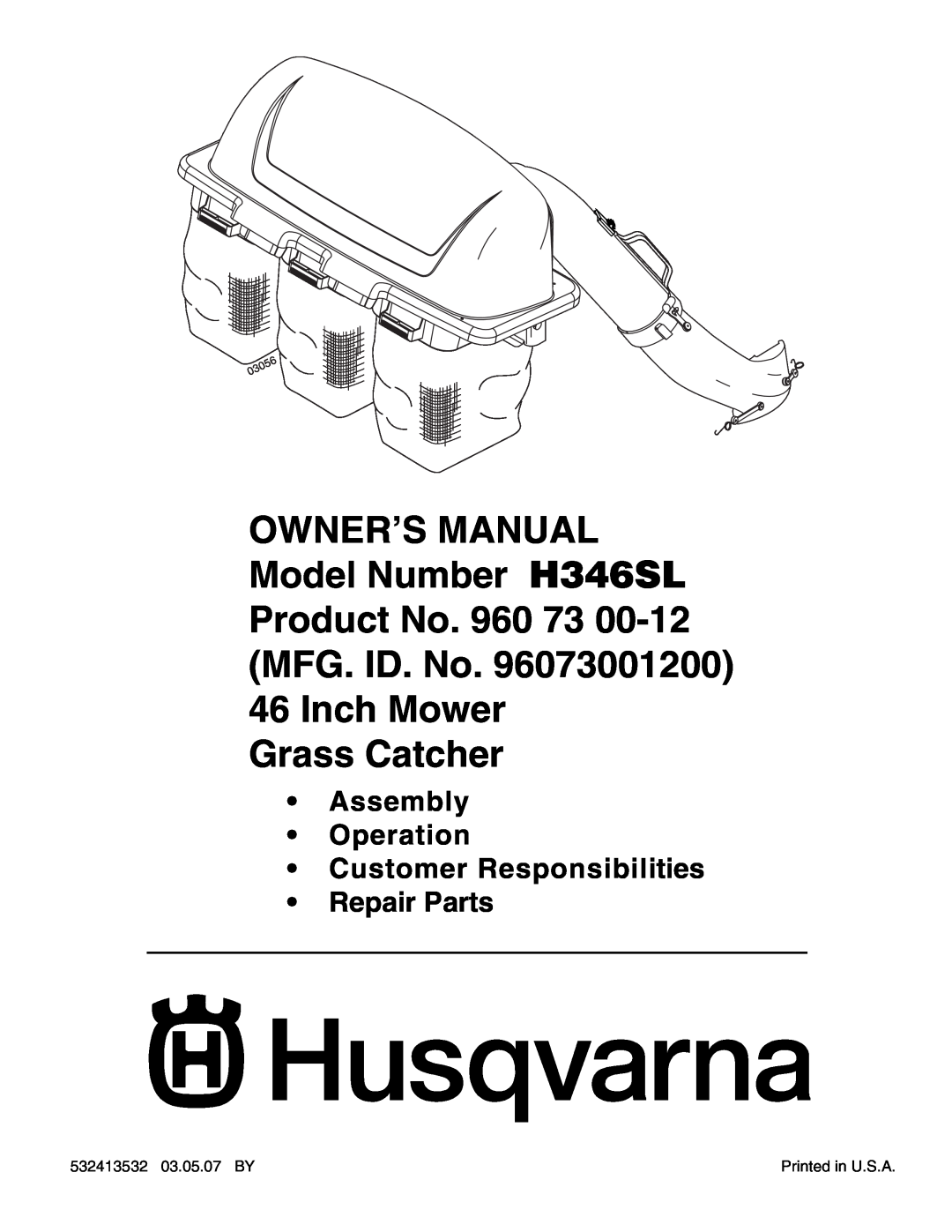Husqvarna H346SL owner manual Product No. 960 73 MFG. ID. No. 46 Inch Mower, Grass Catcher, Repair Parts 
