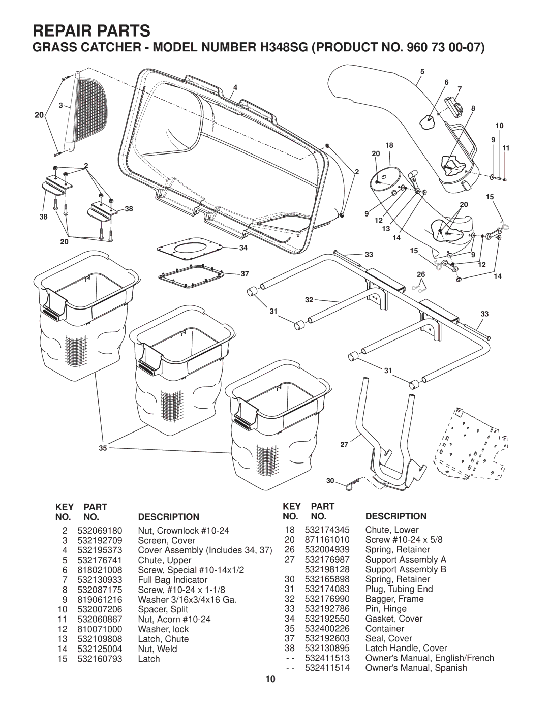 Husqvarna H348SG owner manual Repair Parts, KEY Part Description 