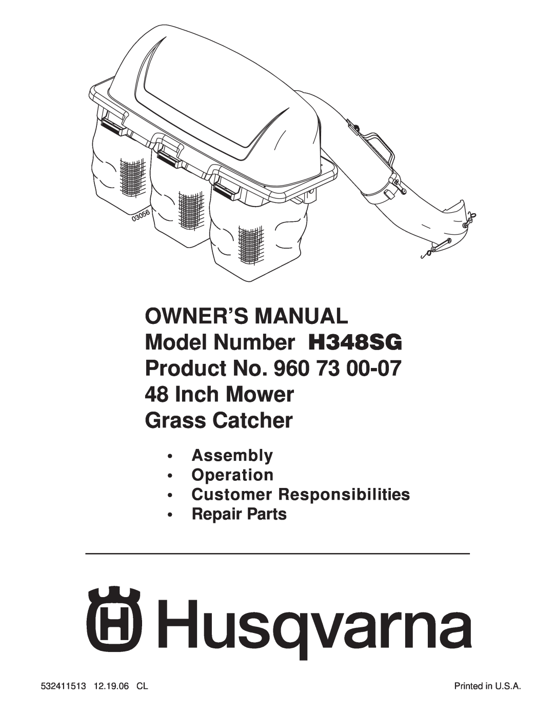 Husqvarna owner manual OWNER’S MANUAL Model Number H348SG Product No. 960 73 48 Inch Mower, Grass Catcher 
