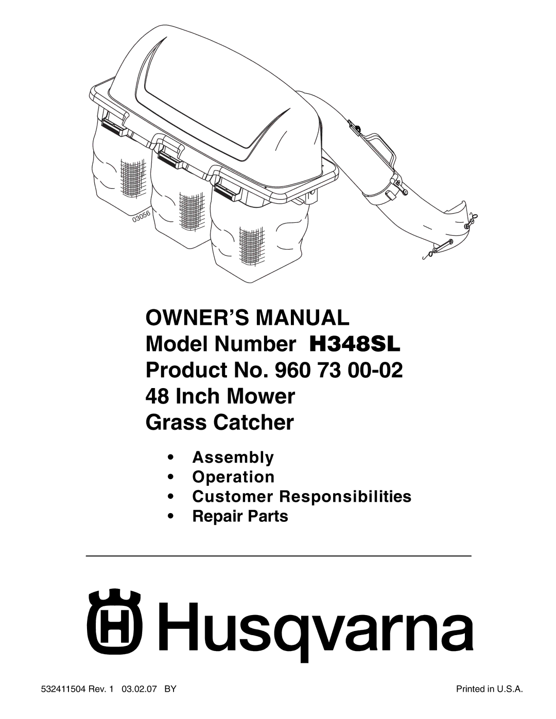 Husqvarna owner manual Model Number H348SL Product No 73 Inch Mower Grass Catcher 