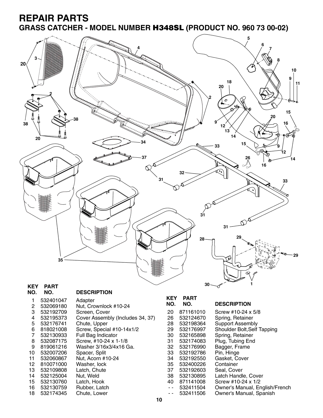 Husqvarna H348SL owner manual Repair Parts 