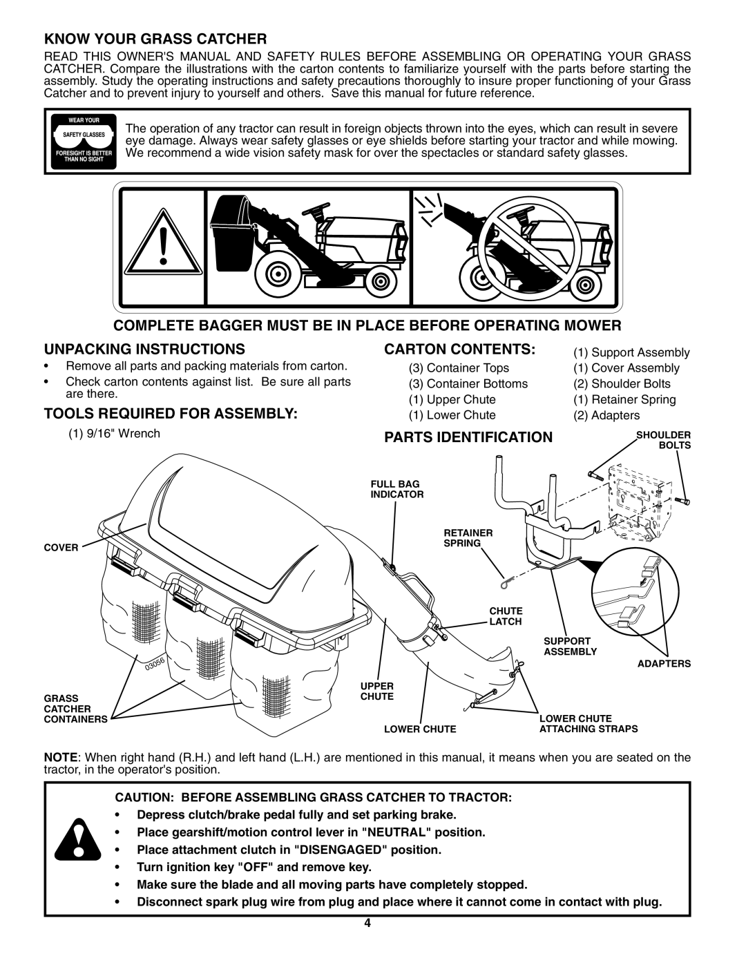 Husqvarna H348SL owner manual Know Your Grass Catcher, Tools Required for Assembly, Carton Contents, Parts Identification 