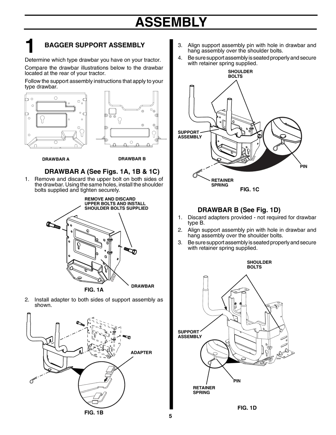 Husqvarna H348SL owner manual Bagger Support Assembly, Drawbar a See Figs A, 1B & 1C, Drawbar B See D 