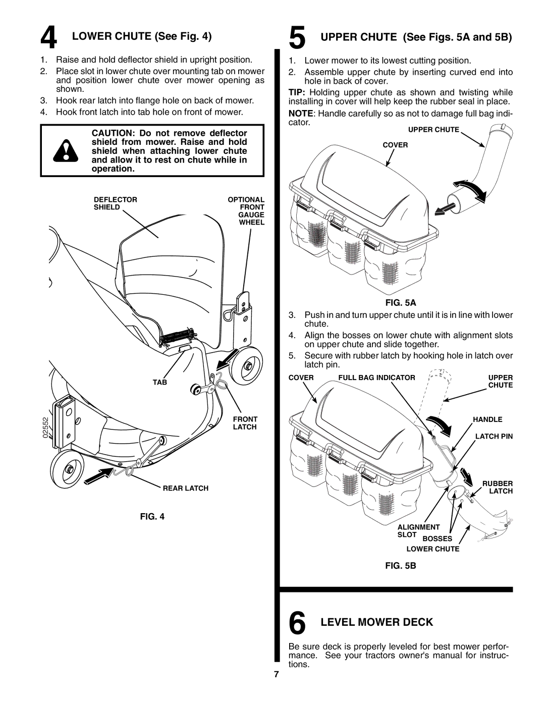 Husqvarna H348SL owner manual Lower Chute See Fig, Upper Chute See Figs a and 5B, Level Mower Deck 