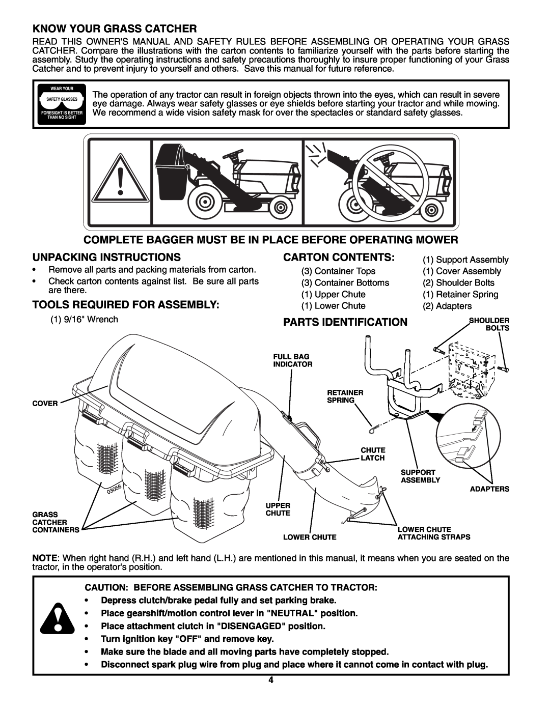 Husqvarna H348SL Know Your Grass Catcher, Complete Bagger Must Be In Place Before Operating Mower, Unpacking Instructions 
