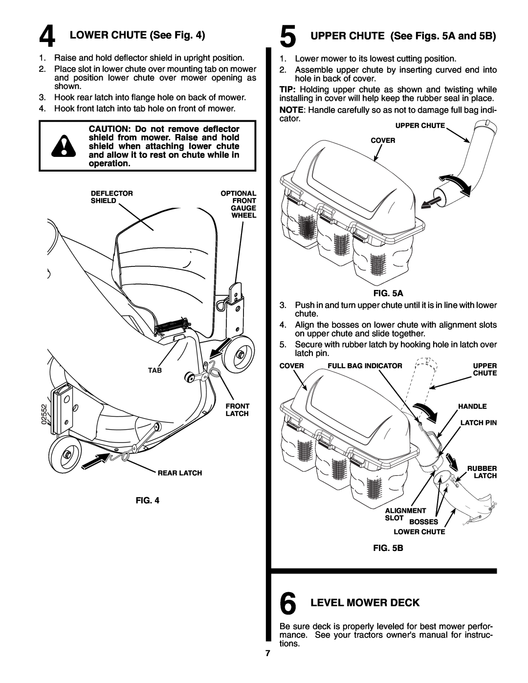 Husqvarna H348SL owner manual LOWER CHUTE See Fig, UPPER CHUTE See Figs. 5A and 5B, Level Mower Deck 