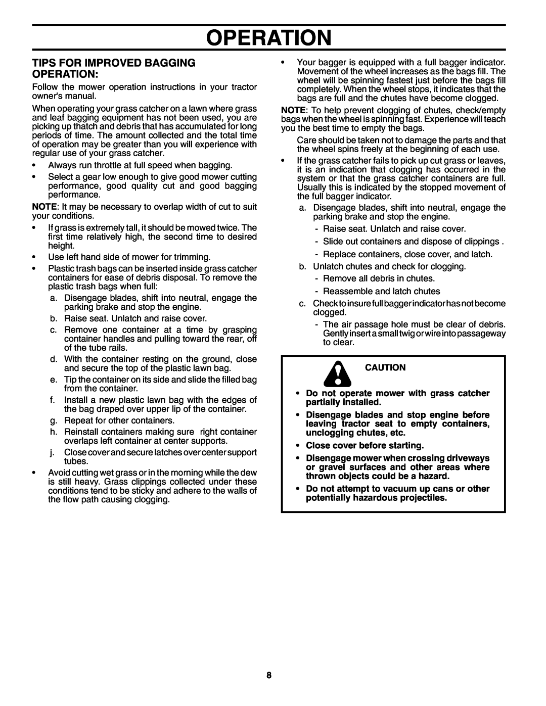 Husqvarna H348SL owner manual Tips For Improved Bagging Operation 