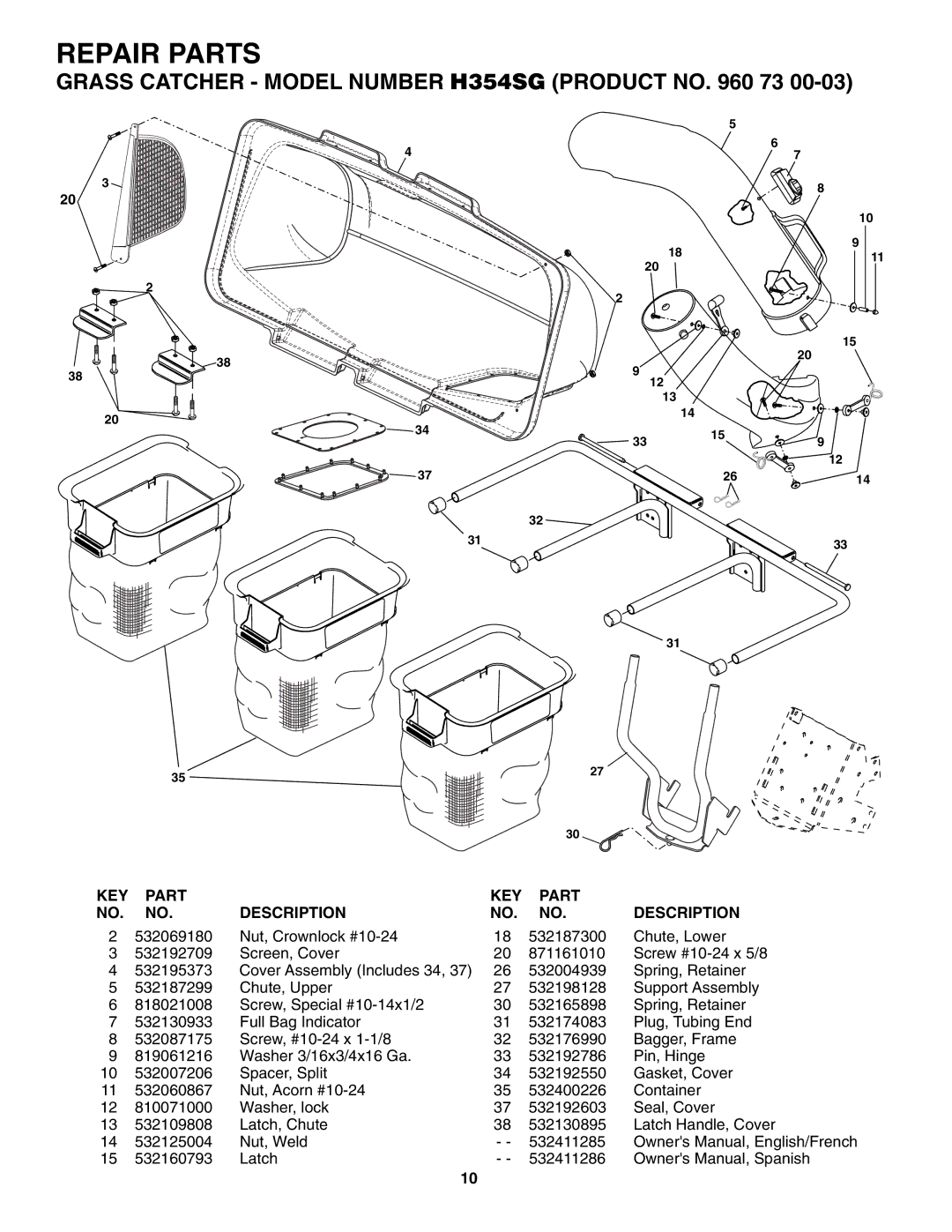 Husqvarna H354SG owner manual Repair Parts, KEY Part Description 