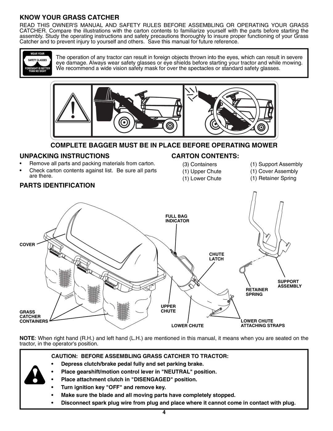 Husqvarna H354SG owner manual Know Your Grass Catcher, Carton Contents, Parts Identification 