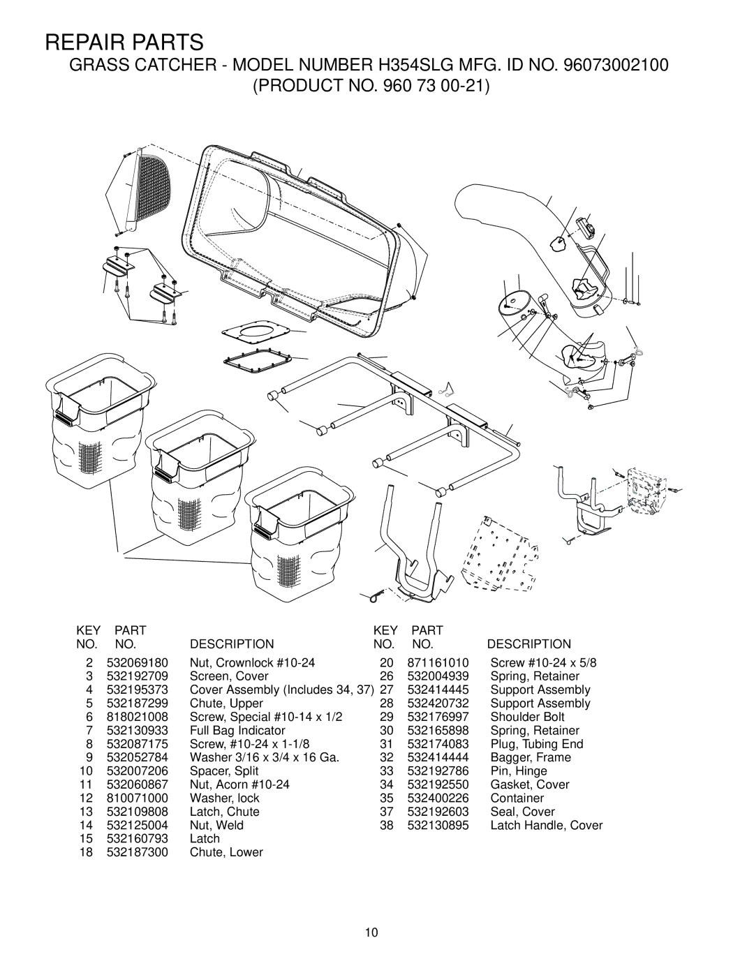 Husqvarna H354SLG owner manual Repair Parts, KEY Part Description 