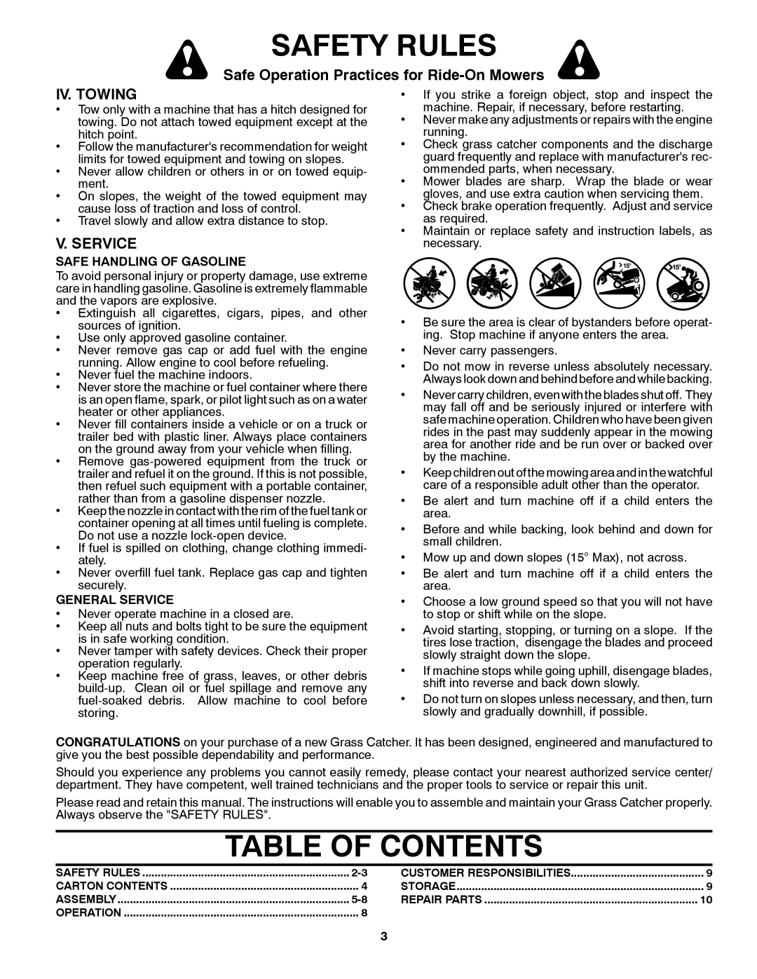 Husqvarna H354SLG owner manual Table of Contents 