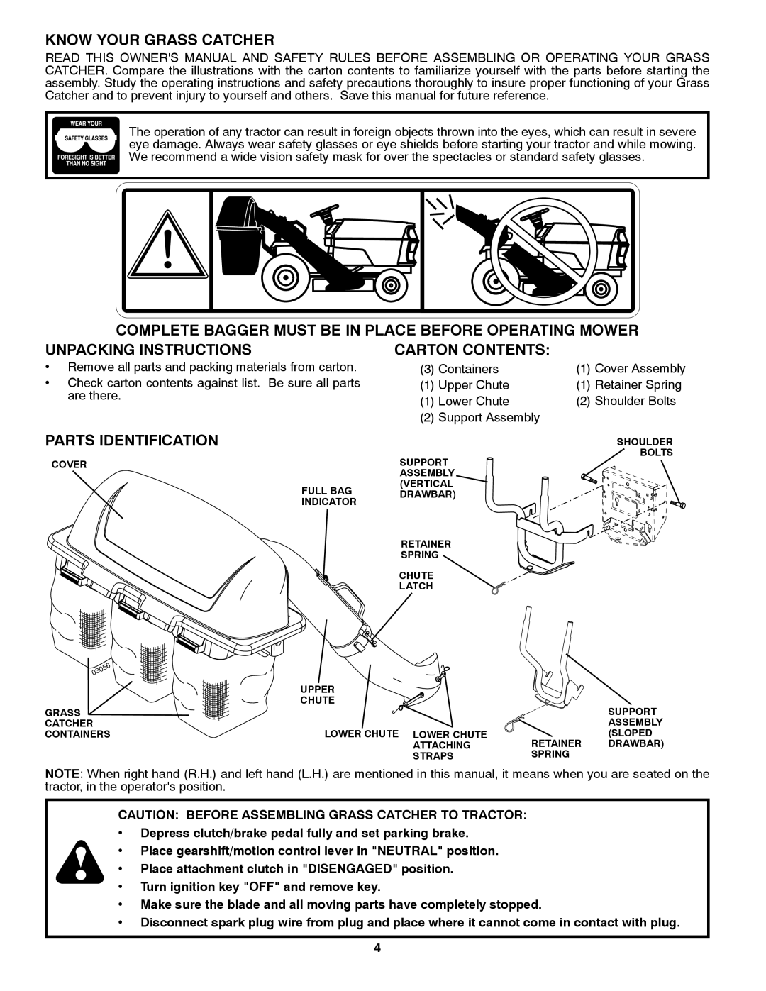 Husqvarna H354SLG Know Your Grass Catcher, Complete Bagger Must be in Unpacking Instructions, Parts Identification 