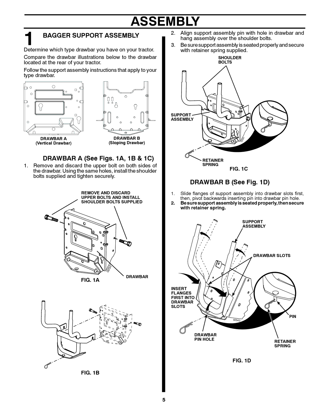 Husqvarna H354SLG owner manual Bagger Support Assembly, Drawbar a See Figs A, 1B & 1C, Drawbar B See D 