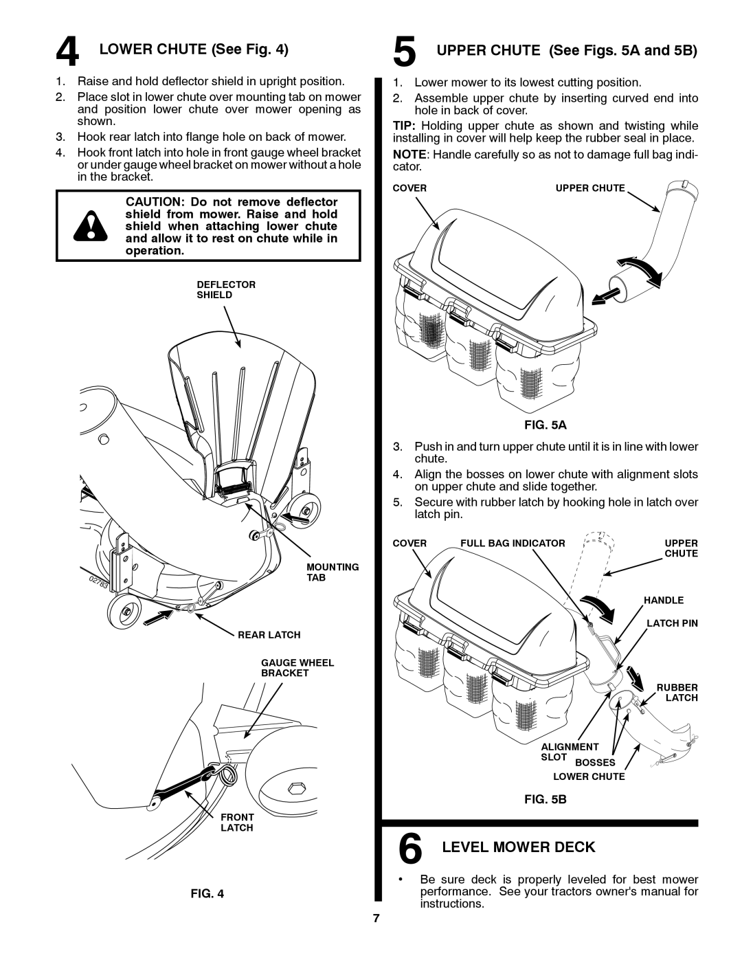 Husqvarna H354SLG owner manual Lower Chute See Fig, Upper Chute See Figs a and 5B, Level Mower Deck 