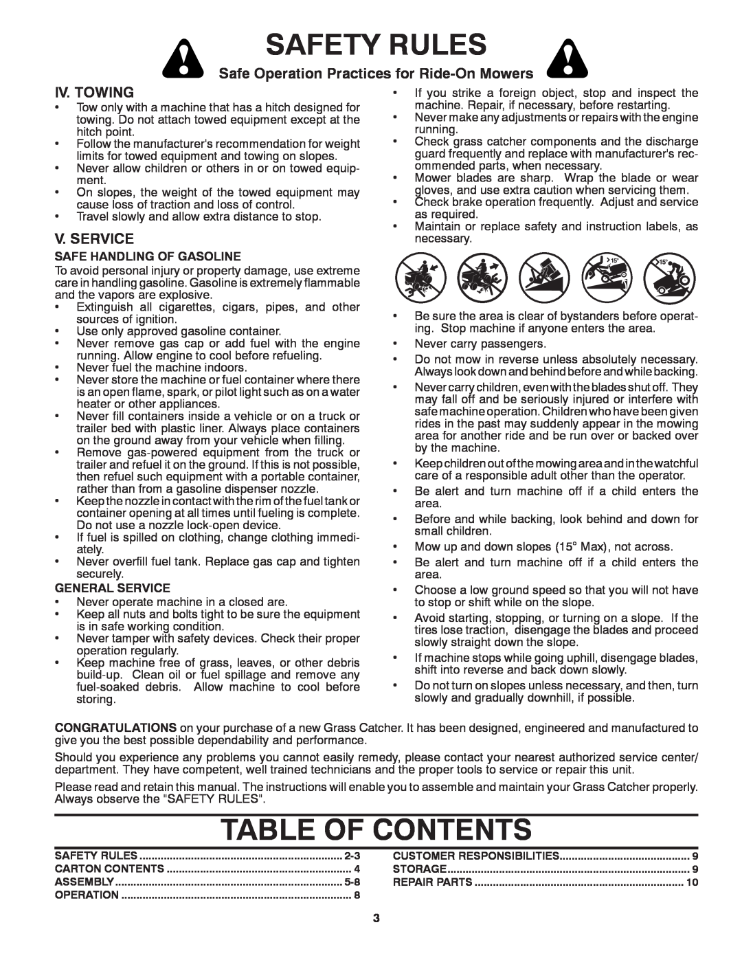 Husqvarna H354SLG Table Of Contents, Iv. Towing, V. Service, Safety Rules, Safe Operation Practices for Ride-On Mowers 