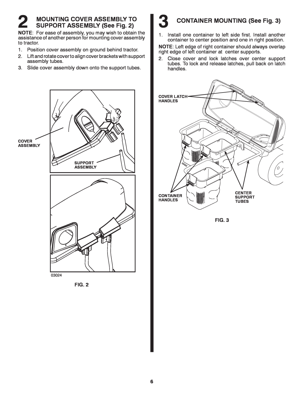 Husqvarna H354SLG owner manual SUPPORT ASSEMBLY See Fig, CONTAINER MOUNTING See Fig, Mounting Cover Assembly To 