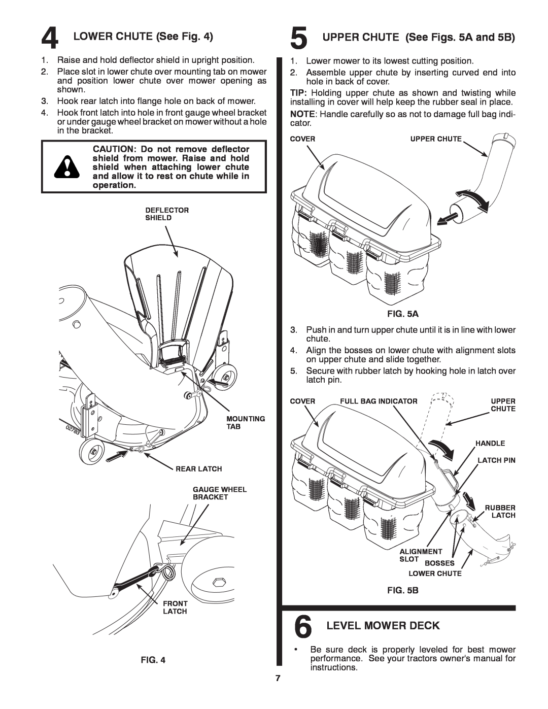 Husqvarna H354SLG owner manual LOWER CHUTE See Fig, UPPER CHUTE See Figs. 5A and 5B, Level Mower Deck 